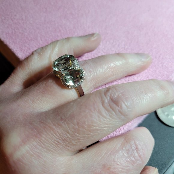 JTV- PRASIOLITE WITH WHITE ZIRCON SILVER 3-STONE RING - Picture 3 of 8